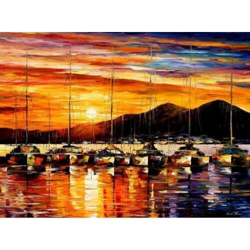 Landscape Modern paintings with Palette knife art oil on Canvas italy, naples harbor vesuvius Handmade high quality