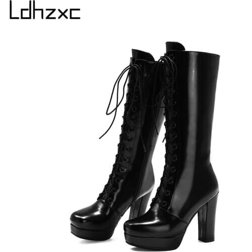 LDHZXC 2020 Sexy Nightclub High Boots Women Patent Leather mid calf Boots High Heels Platform Side Comfort Footwar Winter