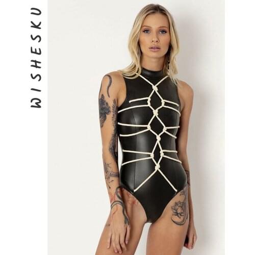 Sexy Faux Leather PU Black Bodysuit Women Bandage Rope Harness Lingerie Sleeveless Bodycon Rompers 2021 Cosplay Safari One Piece