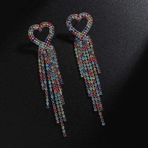 Tassel Earrings With Diamonds Exquisite Personality Color Long Heart-Shaped Earrings Fashionable Temperament Shiny Earrings