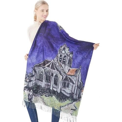 Winter Scarf Women Van Gogh Painting Orvilles Church Bandana Foulard Warm Cashmere Shawls Tassel Neck Wrap Female Pashmina