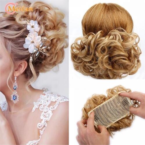 MEIFAN Elastic Net With Combs Curly Chignon Updo Cover Ponytail High Temperature Fiber Synthetic Black Brown Color Fake Hair Bun