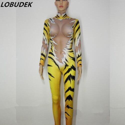 Tiger stripes sexy Jumpsuits Rhinestones Outfit Female costumes performance DJ DS show Singer Dance Nightclub stage bar star