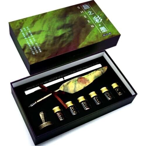 Ostrich Glaze Color Sheen Color Ink Gold Powder Ink With Feather Pen Pen Holder Gift Box Set