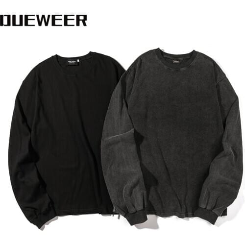 Dueweer Hip Hop Washed Distressed Sweatshirts Pullover Oversized Mens Hoodies Fall Winter Side Zippers Sweatshirt