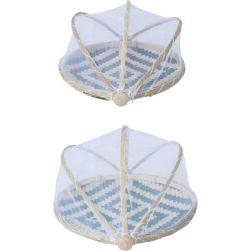 T3EC Hand-Woven Tray Tent Basket Fruit Vegetable Bread Storage Container Outdoor Picnic Mesh Net Cover Bamboo Basket Dust Proof