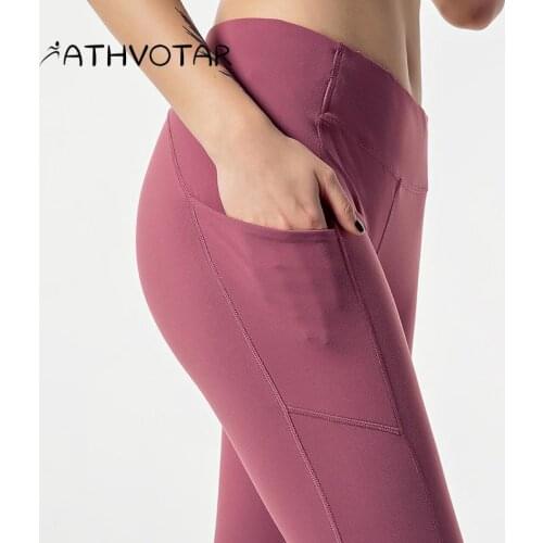 ATHVOTAR Slim Yoga Leggings Side Pockets Running High Waist Sport Fitness Women Pants Hip Lift Solid Quick Dry Gym Clothing