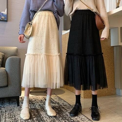 Black Lace Stitch Maxi Korean Fashion High-Waisted Vintage Spring Autumn Summer WomenS Clothing Skirts Vetement Femme 2021