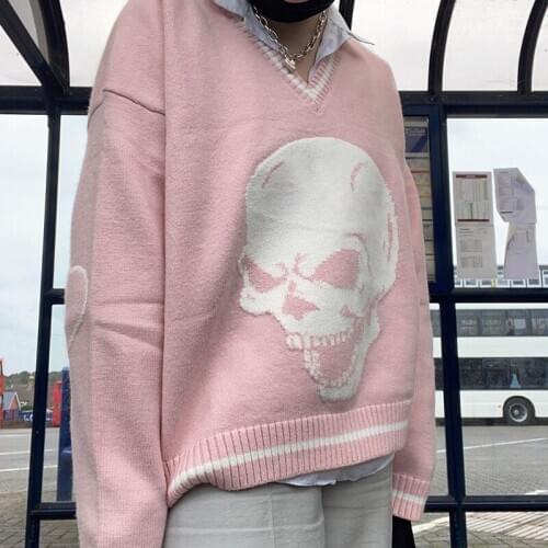 Aesthetics Skull Graphic Knitted Sweaters Punk Style V-neck Long Sleeve Oversized Jumpers Vintage 2000s Tops