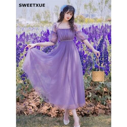 SWEETXUE Summer New Women Long Mesh Dress Sexy Square Collar Embroidered Lantern Sleeves High Waist Gentle Elegant Party Dresses