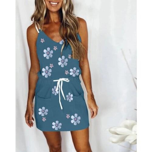 Summer Dress Women 2021 Leopard Sling V Neck Drawstring Pockets Dress for Party casual womens dresses Blue xxxl vestidos