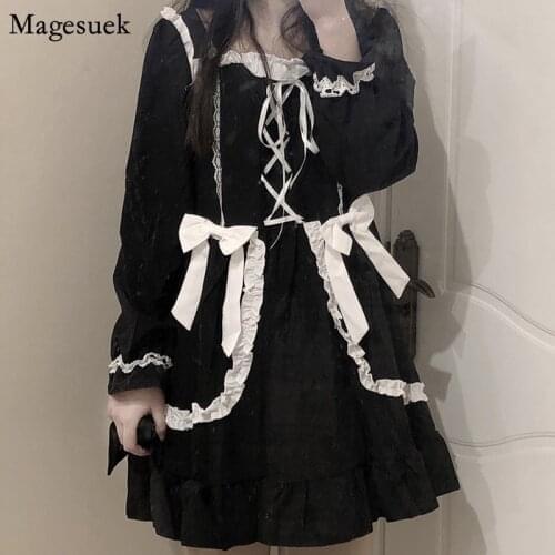 Japan Style Gothic Lolita Dress Women 2021 Bandage Vintage Kawaii Mini Dress Girl A-line Slim Black Summer Dresses Vestido 13260