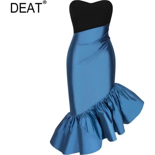 [DEAT] Women Ruffled Plated Hit Color Elegant Dress New Strapless Sleeveless Loose Fit Fashion Tide Autumn Winter 2021 13T955