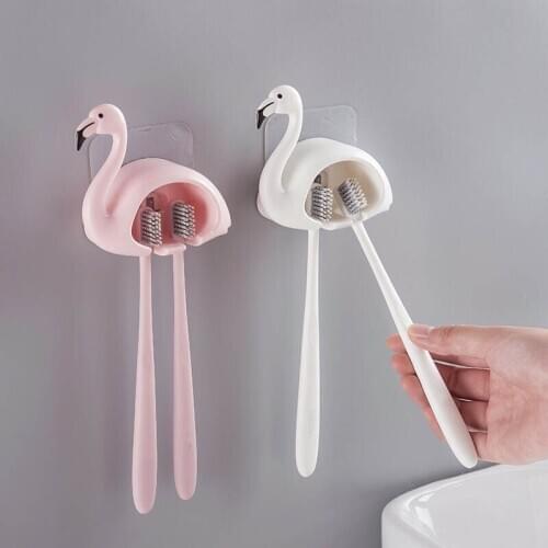 1Pcs Wall Mount Cute Sucker Toothbrush Rack Bathroom Accessories 2 Position Flamingo Shaped Toothbrush Holder