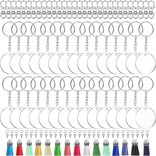 180 Pcs Acrylic Keychain Blanks with Key Rings Round Clear Discs Circles Colorful Tassel Pendant Keychain Clips
