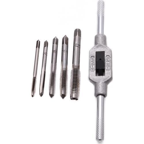 5Pcs Hand Screw Thread Metric Plug Tap Set M3 M4 M5 M6 M8 with Adjustable Tap Wrench W1/16-1/2"
