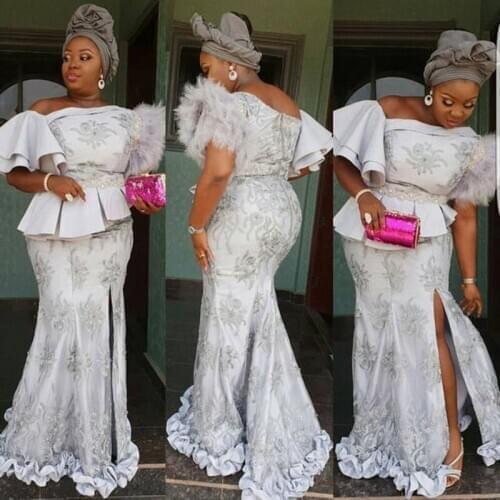 Aso Ebi Dubai Plus Size Evening Dresses With Feathers Peplum Lace Appliques Mermaid Prom Dress Ruffles Appliques robes de soirée