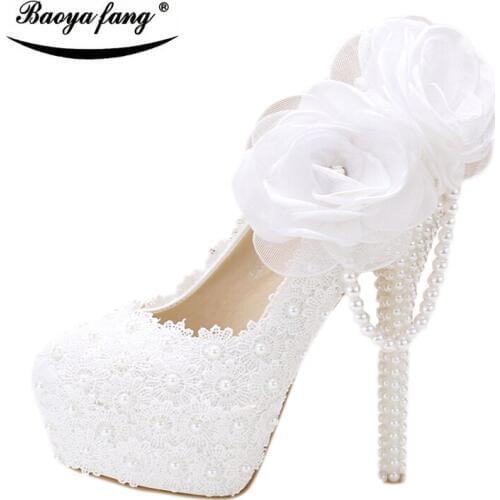 BaoYaFang 2019 New arrival Bridal Wedding shoes Buckle Strap Platform shoes High heels Pumps ladies white flower shoes pearl
