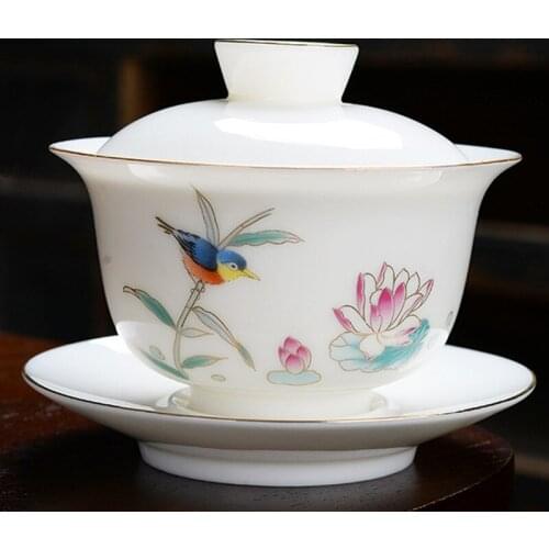 White Porcelain Gaiwan Garden Bird Tea Tureen Accessories ,Home Decor Big Tea Bowl Cup