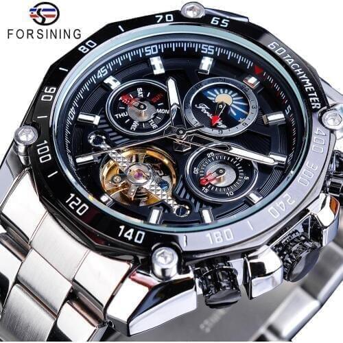 Forsining Brand Black Male Mechanical Watches Automatic Multifunction Tourbillon Moon Phase Date Racing Sport Steel Band Relogio
