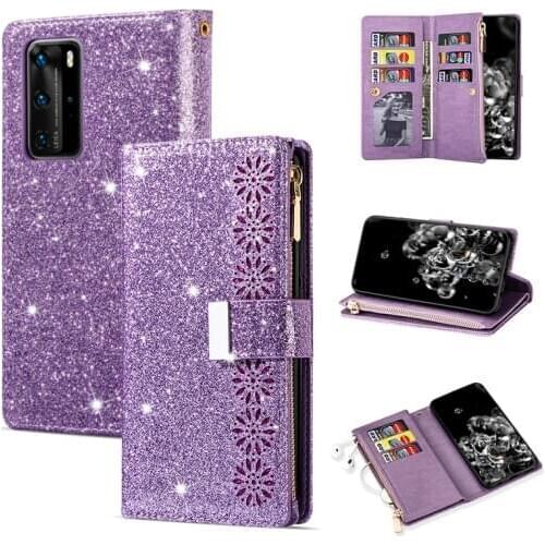 For Huawei P40 P40 Pro Case Glitter Flip Leather Cover For Hauwei P30 P20 Pro P20 Lite Mate 20 Zipper 9 Card Wallet Phone Case