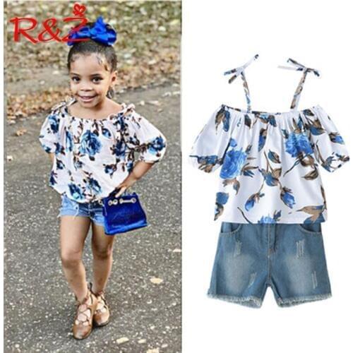 R&Z Childrens Set 2019 Summer New European and American Girls Fashion Set Print Sling Top Denim Shorts Two-piece Set