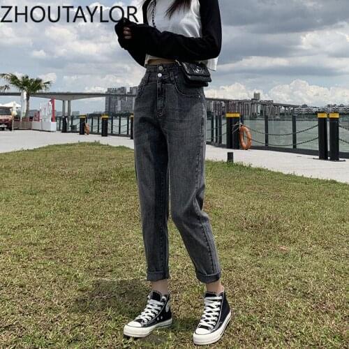 ZHOUTAYLOR Jeans Woman Fashion Zippers Button High Waisted Full Length Trousers Female Loose Casual Harem Pants Femme S0576