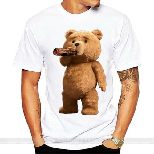 Mens Printed Lovely Ted Bear Drink Beer Poster T Shirts Summer Short Sleeve Cotton T-shirt Cool Tees Tops Streetwear