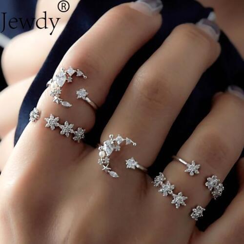 Jewdy 5Pcs/set Moon Star Crystal Rings for Women Wedding Knuckle Boho Flower Ring Bohemian Midi Finger Anillos Mujer Jewelry