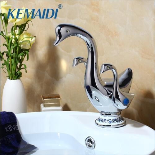 KEMAIDI Cute Duck Shape Double Handles Bathroom Vessel Sink Faucet Deck Mount Brass Washbasin Sink Mixer Taps