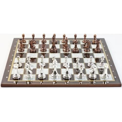 Classic Chess set, Metal Casting bronze and metallic patterned stones chess set game team brown white game board
