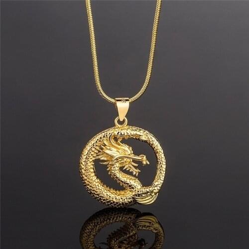New Trendy Golden Dragon Round Pendant Necklace Mens Necklace Fashion Metal Sliding Dragon Pendant Accessories Party Jewelry