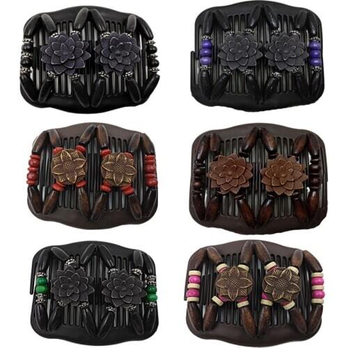 Easy Plastic Hair Combs Clip Double Stretching Combs with Wood Bead, Flower, Hair Accessory for Hair Styles, Thick and Thin Hair