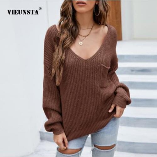 2021 Autumn Winter Womens New Sexy V-neck pocket Sweater Casual Loose Solid Color Long Sleeve Pullover Street Style Sweater XL