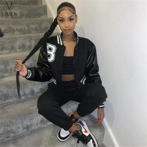 VAZN 2021 Spring Women Fashion New Street Hip Hop Style Outwear Long Sleeve No Collar Stitching Color Short Outwear