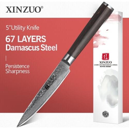 XINZUO 5" inch Utility Knife 67 layers Damascus Kitchen Fruit Knife Stainless Steel Chef Cleaver Peeler knife Pakkawood Handle