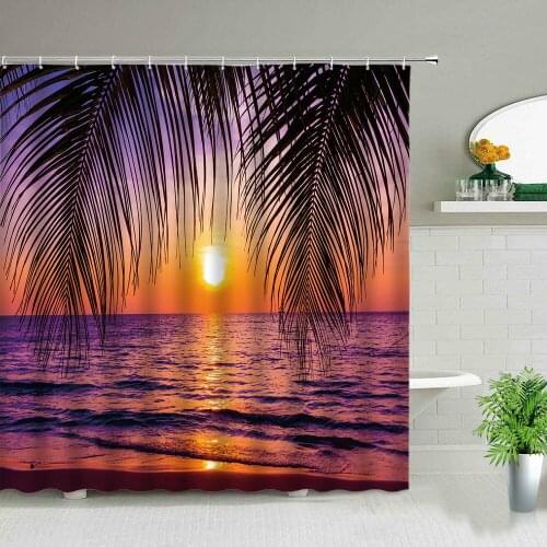 Sunny Ocean Beach Fabric Shower Curtain Bathroom Curtains Sunset Dusk Tropical Plants Coconut Trees Bath Screen Bathroom Decors