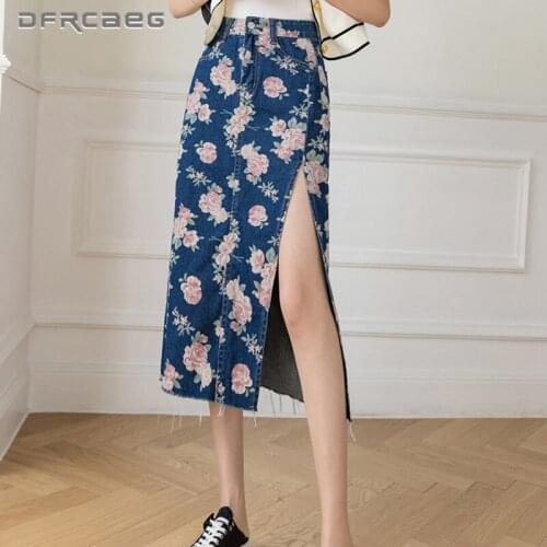 Vintage Print Flowers Jeans Long Skirt For Women 2021 Summer Sexy Split Retro Denim Pencil Skirts Female Deep Blue