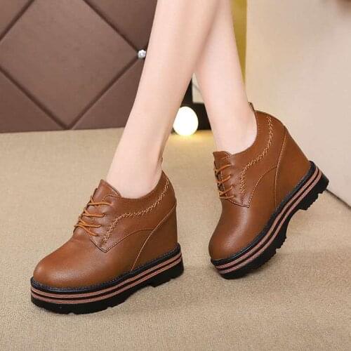 Women Wedges Platform Vintage Round Toe Lace Up PU Leather Shoes Woman Autumn Casual Height Increasing Shoes 10cm