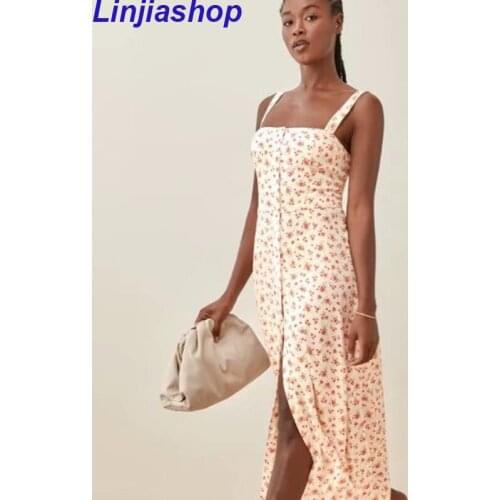 Summer Midi Dress Retro Boho Women Print Floral Print Sexy Beach Holiday Spaghetti Strap Sundress Elegant Vintage Dress