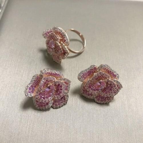 Bilincolor Pink Flower Eearring and Ring Set Jewerly Set for Women