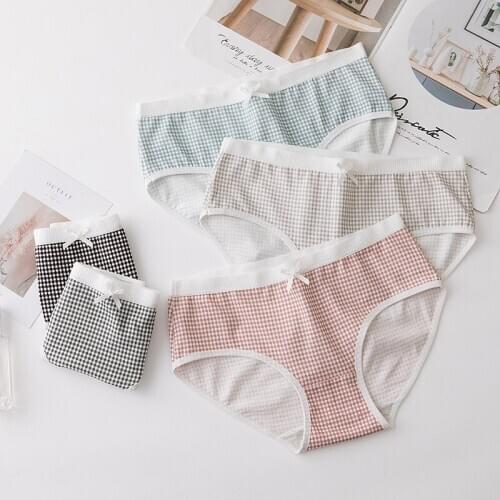 Womens Lingerie Cotton Panties For Women Solid Plaid Female Underwear With Bow 3Pcs/lot Medium Waist Panty For Female Girls