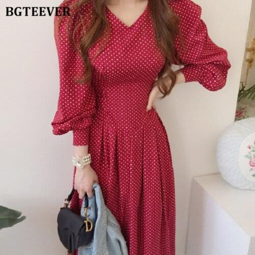 BGTEEVER Vintage Ladies Polka Dots Print A-line Dress 2021 Autumn Puff Sleeve Slim Waist Female Dress Elegant Vestidos Femme