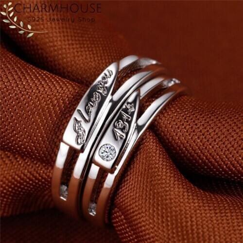 Charmhouse 1 pair Pure 925 Silver Ring for Man Women 2pcs Couples Rings Set Adjustable I LOVE YOU 1314 Promise Wedding Bands