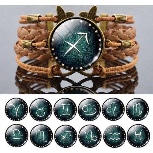 12 Constellation Multilayer Braided Rope Bracelet Zodiac Sign Glass Cabochon Charm Bracelet For Men Women Couples Bracelets Gift