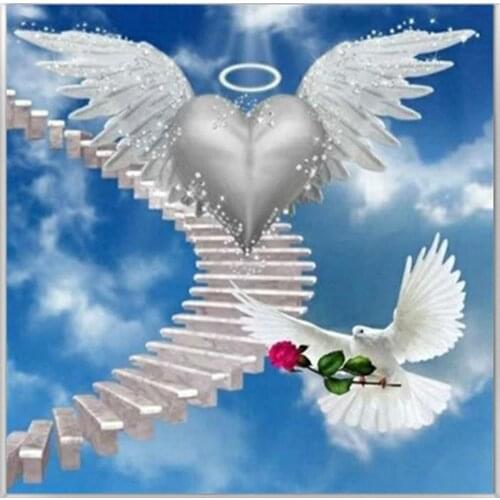 KAMY YI 5d Diamond Painting Full Drill Angel Wing Heart Mosaic Stairs Peace Pigeon Embroidery Scenery Wall Cross Home Picture