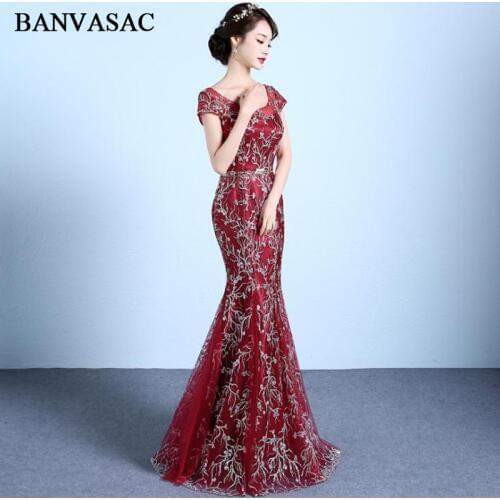 BANVASAC 2020 O Neck Lace Embroidery Mermaid Long Evening Dresses Vintage Short Sleeve Sequined Sash Party Prom Gowns