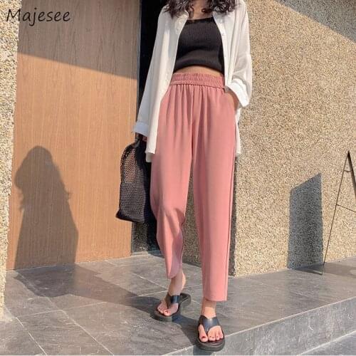 Ankle Length Pants Women Solid Cozy Pleated Preppy Office All Match Ulzzang Summer Street High Waist Femme Daily Harem Pant Chic