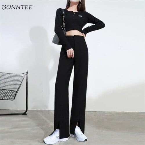 Pants Women Side-slit Solid Loose Simple All-match Chic Leisure Design College Comfortable Female Korean Style Ins Harajuku New