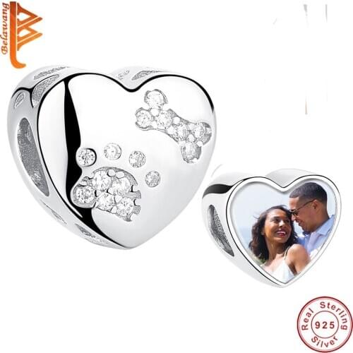 925 Sterling Silver Sparkling CZ Cute Cat Footprint Bone Forever Love Heart Charm Beads fit Charm Bracelet Custom Photo Jewelry